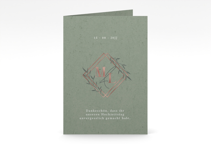 Danksagungskarte Hochzeit Greenletter A6 Klappkarte hoch gruen rosegold mit Initialen in elegantem Goldrahmen mit Blättern
