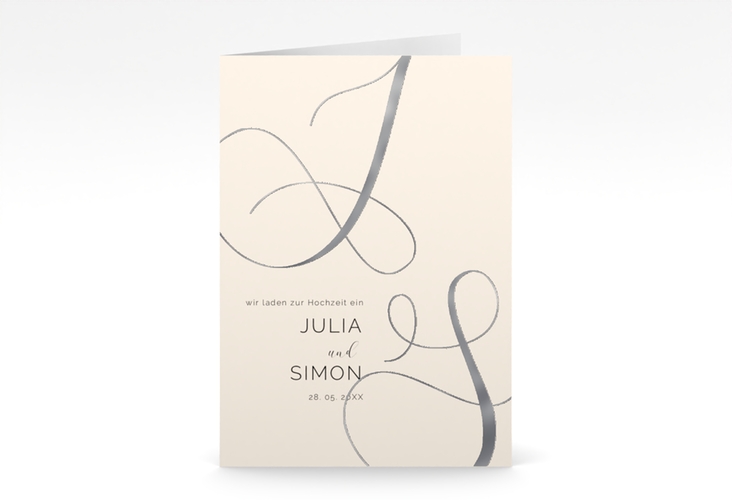 Hochzeitseinladung Eheschließung A6 Klappkarte hoch beige silber mit Gräsern und Trockenblumen für Boho-Hochzeit