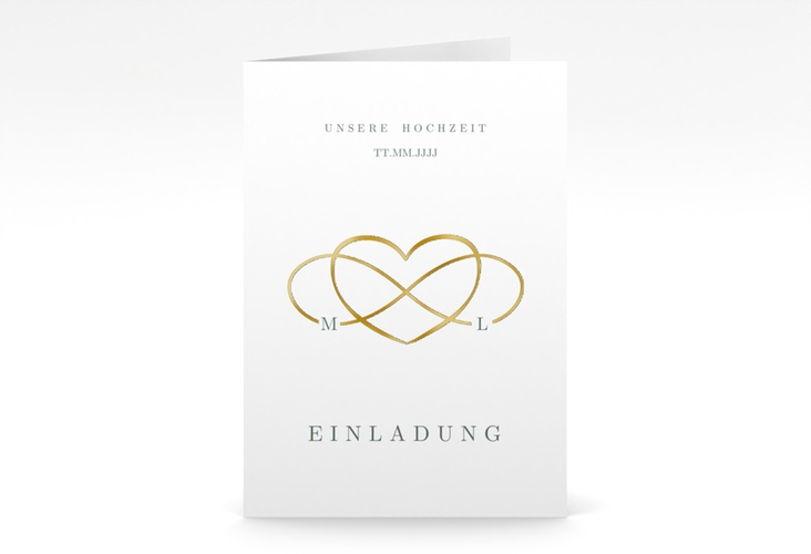 Einladungskarte Hochzeit Infinity A6 Klappkarte hoch gruen gold