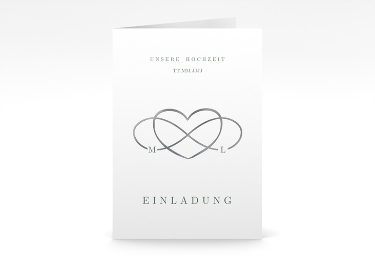 Einladungskarte Hochzeit Infinity A6 Klappkarte hoch gruen silber