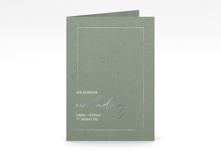 Einladungskarte Hochzeit Simple Line A6 Klappkarte hoch gruen silber