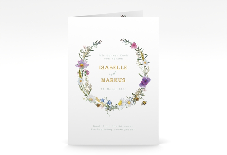 Dankeskarte Hochzeit Blumengarten A6 Klappkarte hoch weiss gold mit Blumenkranz und Hummel