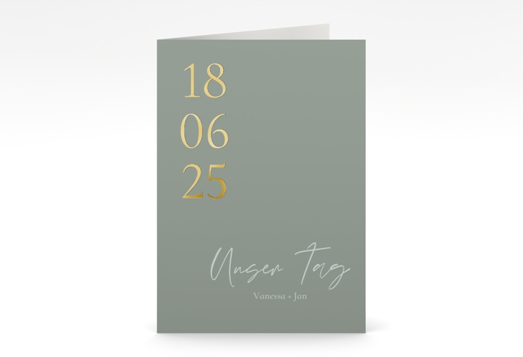 Einladungskarte Hochzeit Day A6 Klappkarte hoch gruen gold mit Datum im minimalistischen Design