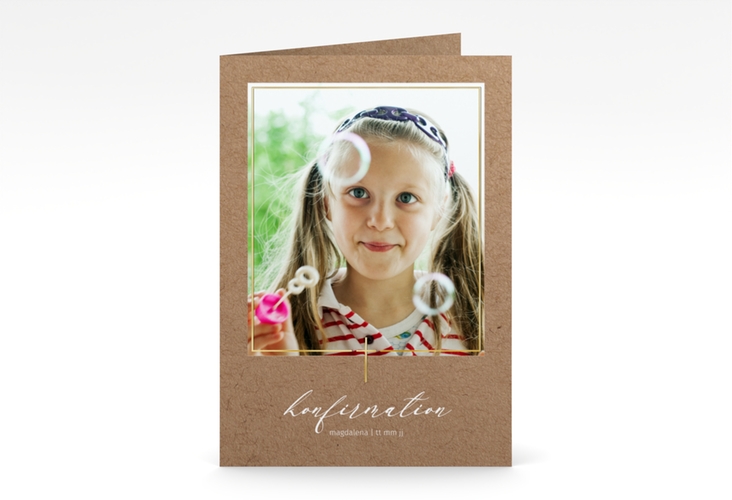 Konfirmationseinladung Crucis A6 Klappkarte hoch braun gold