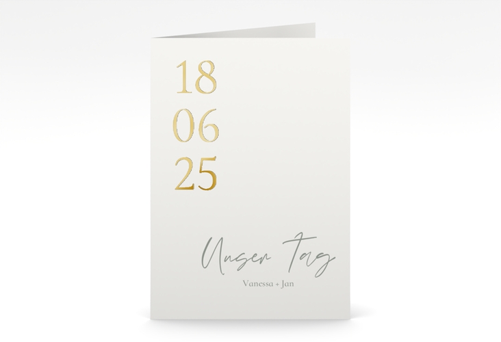 Einladungskarte Hochzeit Day A6 Klappkarte hoch weiss gold mit Datum im minimalistischen Design