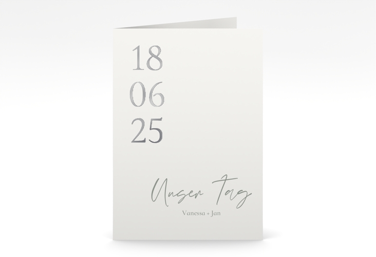 Einladungskarte Hochzeit Day A6 Klappkarte hoch weiss silber mit Datum im minimalistischen Design