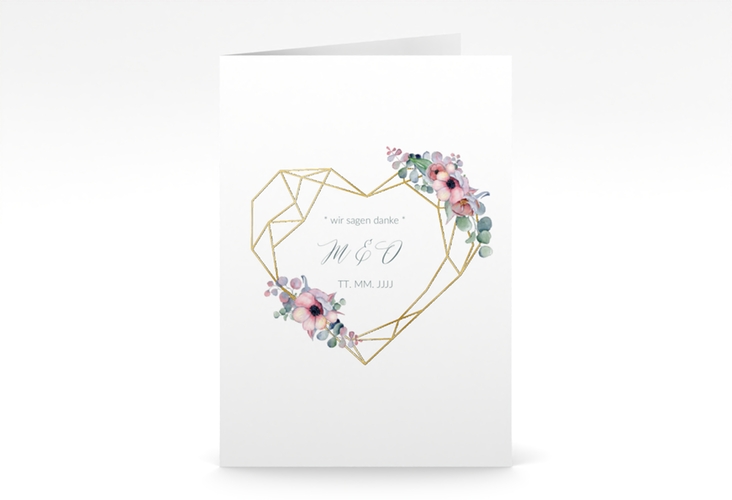 Dankeskarte Hochzeit Herzgold A6 Klappkarte hoch weiss gold mit Gräsern und Trockenblumen für Boho-Hochzeit