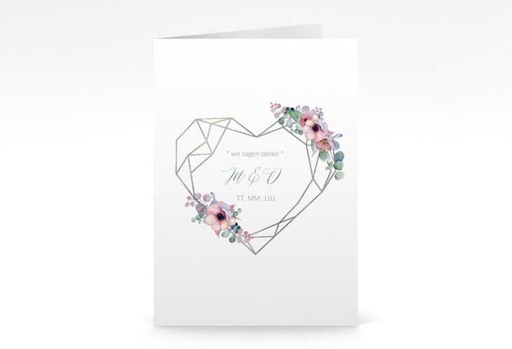 Dankeskarte Hochzeit Herzgold A6 Klappkarte hoch weiss silber mit Gräsern und Trockenblumen für Boho-Hochzeit