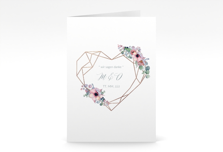 Dankeskarte Hochzeit Herzgold A6 Klappkarte hoch weiss rosegold mit Gräsern und Trockenblumen für Boho-Hochzeit