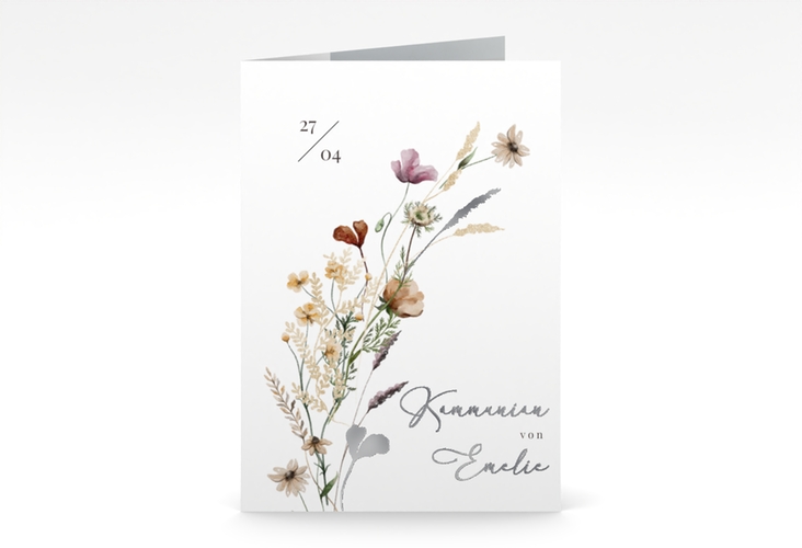 Kommunionseinladung Blumensegen A6 Klappkarte hoch weiss silber