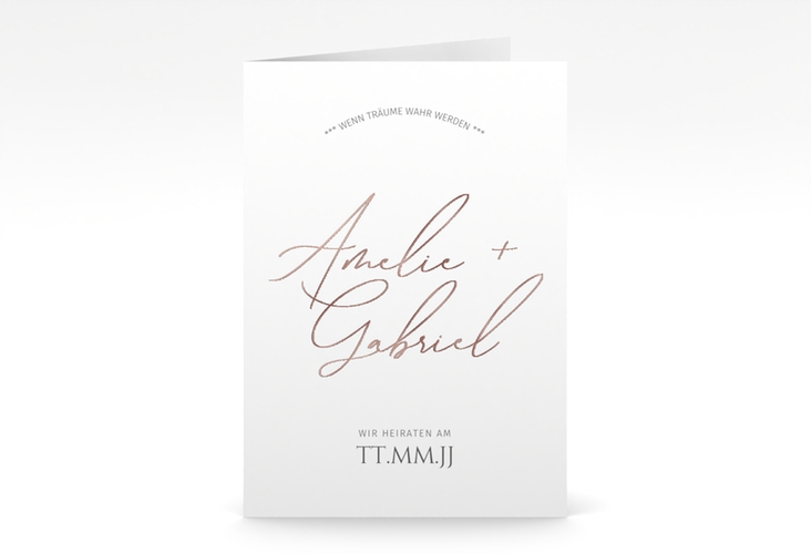 Einladungskarte Hochzeit Federschrift A6 Klappkarte hoch weiss rosegold in schlichtem Design mit Kalligrafie
