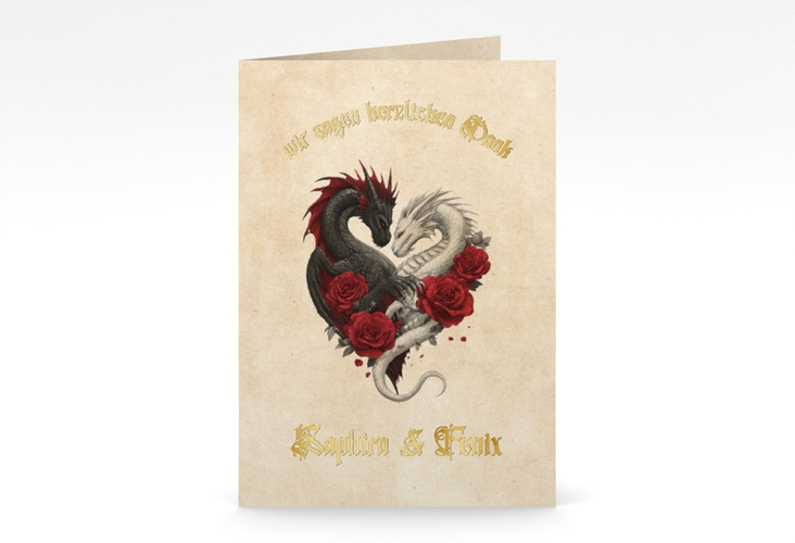 Danksagungskarte Drachenliebe A6 Klappkarte hoch beige gold mit schwarzem und weißem Drachen zu einem Herz verschlungen