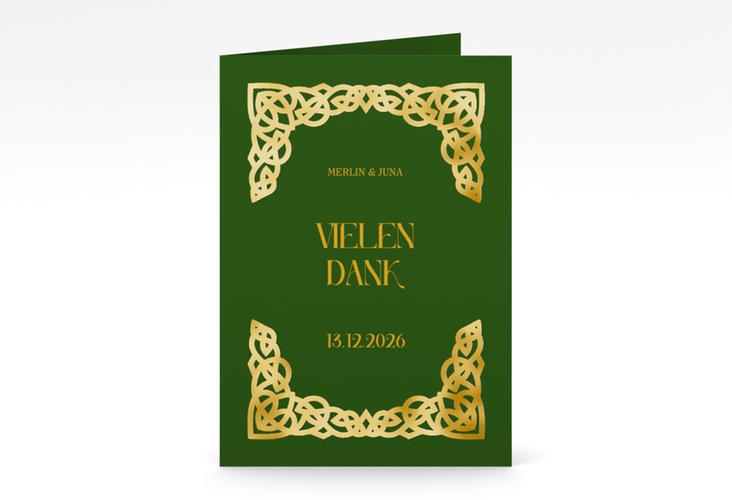 Dankeskarte Hochzeit Celtic A6 Klappkarte hoch gruen gold mit keltischem Knoten in irischen Farben