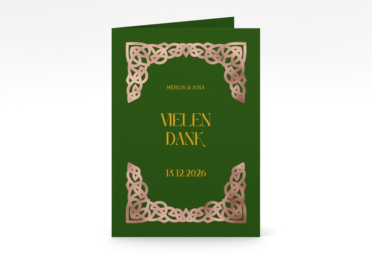 Dankeskarte Hochzeit Celtic A6 Klappkarte hoch gruen rosegold mit keltischem Knoten in irischen Farben