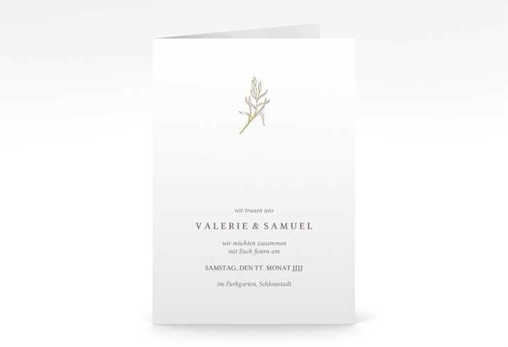 Einladungskarte Hochzeit Ivy A6 Klappkarte hoch weiss gold minimalistisch mit kleiner botanischer Illustration