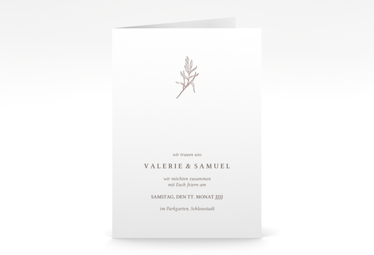 Einladungskarte Hochzeit Ivy A6 Klappkarte hoch weiss rosegold minimalistisch mit kleiner botanischer Illustration
