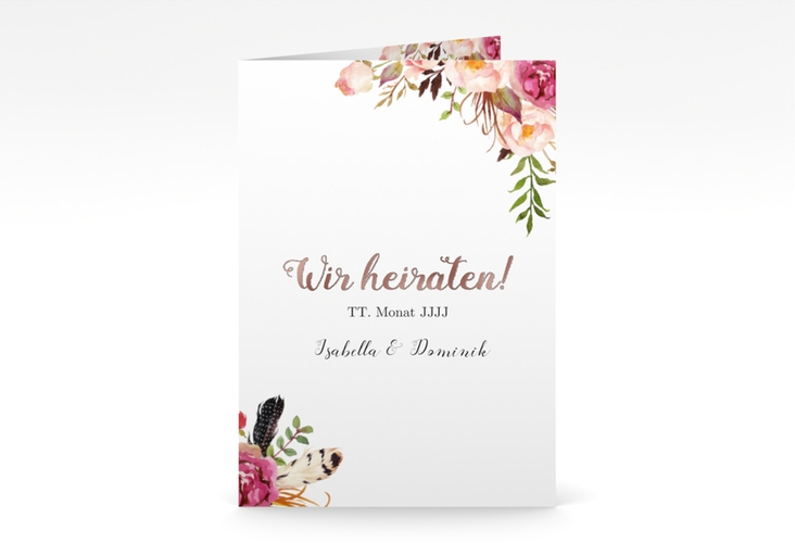Einladungskarte Hochzeit Flowers A6 Klappkarte hoch weiss rosegold mit bunten Aquarell-Blumen