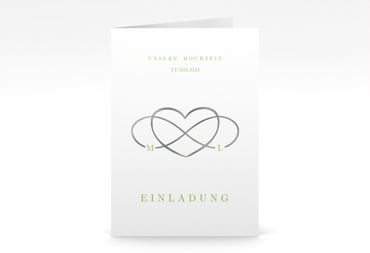 Einladungskarte Hochzeit Infinity A6 Klappkarte hoch gruen silber