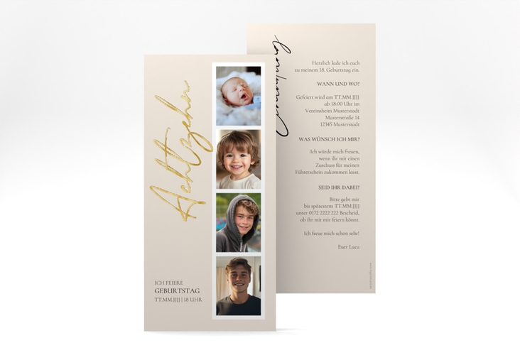 Einladung Geburtstag Zeitabschnitt lange Karte hoch beige gold