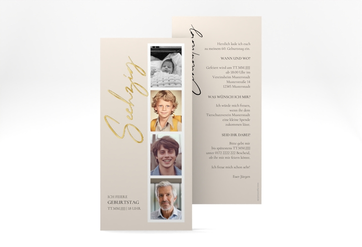 Einladung 60. Geburtstag Zeitabschnitt lange Karte hoch beige gold