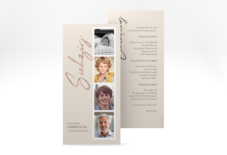 Einladung 60. Geburtstag Zeitabschnitt lange Karte hoch beige rosegold