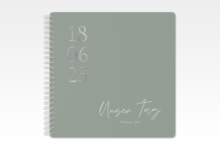 Gästebuch Hochzeit Day Ringbindung gruen silber mit Datum im minimalistischen Design
