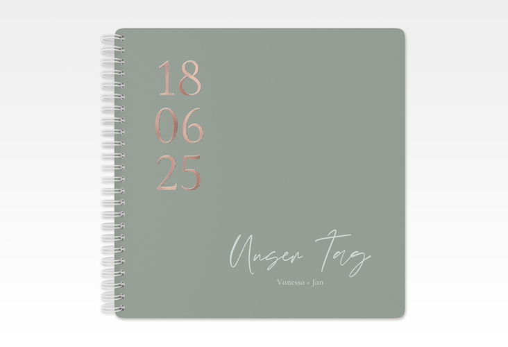 Gästebuch Hochzeit Day Ringbindung gruen rosegold mit Datum im minimalistischen Design