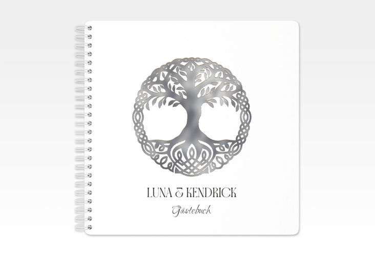 Gästebuch Hochzeit Lebensbaum Ringbindung weiss silber im Stil der Kelten und Wikinger
