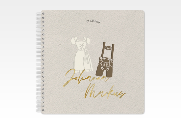 Gästebuch Hochzeit Trachtenhochzeit Ringbindung beige gold mit Dirndl und Lederhose