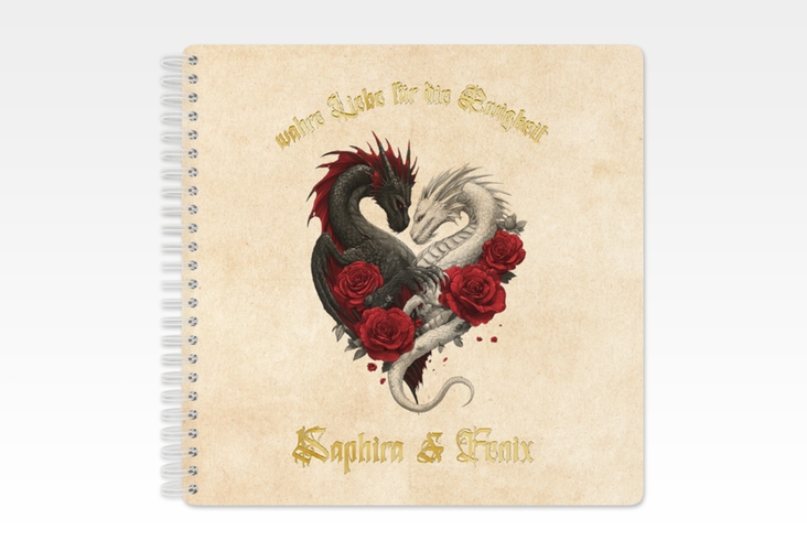 Gästebuch Hochzeit Drachenliebe Ringbindung beige gold mit schwarzem und weißem Drachen zu einem Herz verschlungen