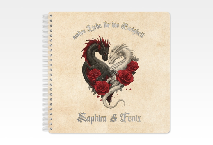 Gästebuch Hochzeit Drachenliebe Ringbindung beige silber mit schwarzem und weißem Drachen zu einem Herz verschlungen