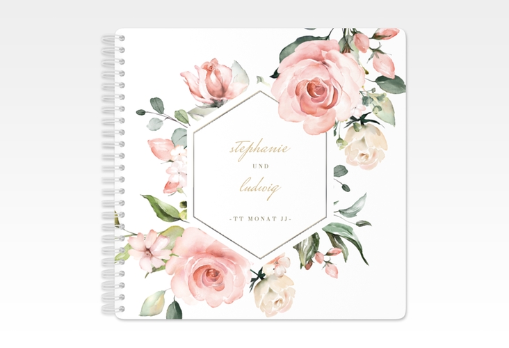 Gästebuch Hochzeit Graceful Ringbindung weiss silber mit Rosenblüten in Rosa und Weiß