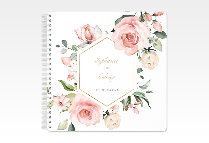 Gästebuch Hochzeit Graceful Ringbindung weiss gold mit Rosenblüten in Rosa und Weiß