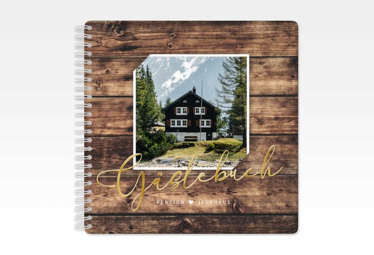 Gästebuch Ferienwohnung Jagdhaus Ringbindung braun gold in Holz-Optik mit Foto