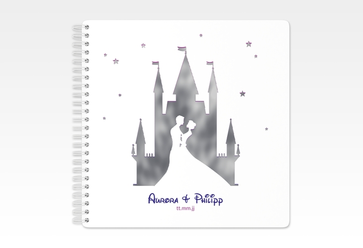 Gästebuch Hochzeit Castle Ringbindung weiss silber mit Silhouette von Märchenschloss mit Prinz und Prinzessin