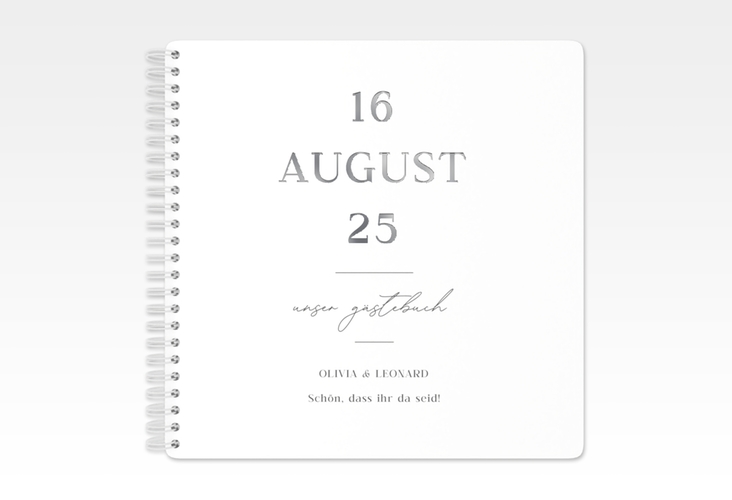 Gästebuch Hochzeit Authentisch Ringbindung weiss silber in schlichtem Design mit großem Hochzeitsdatum