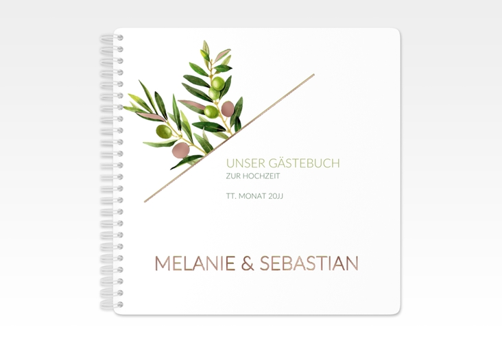 Gästebuch Hochzeit Olivenzweig Ringbindung weiss rosegold in Kraftpapier-Optik mit Blätterzeichnung