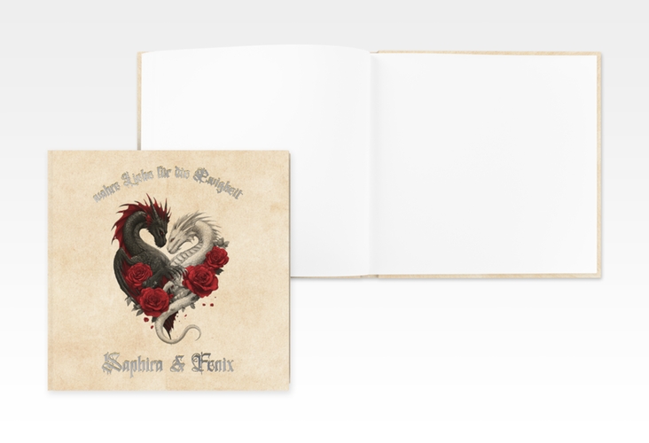 Gästebuch Creation Drachenliebe 20 x 20 cm, Hardcover beige silber mit schwarzem und weißem Drachen zu einem Herz verschlungen