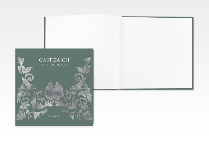 Gästebuch Creation Hochzeit Royal 20 x 20 cm, Hardcover gruen silber mit barockem Blumen-Ornament