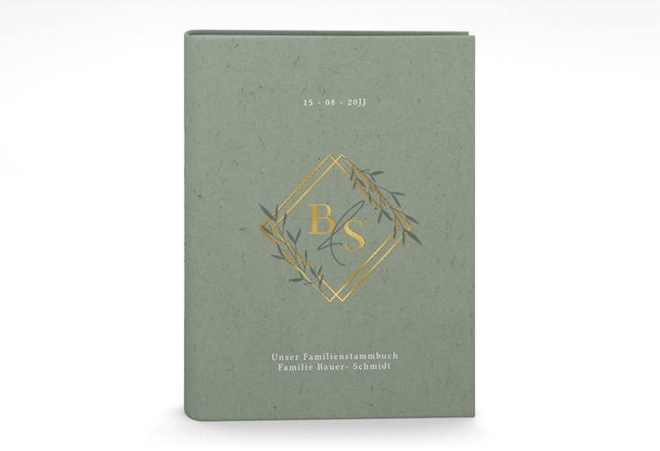 Stammbuch A5 Greenletter Stammbuch A5 gruen gold mit Initialen in elegantem Goldrahmen mit Blättern