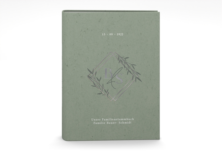 Stammbuch A5 Greenletter Stammbuch A5 gruen silber mit Initialen in elegantem Goldrahmen mit Blättern