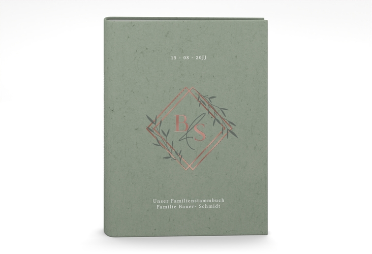 Stammbuch A5 Greenletter Stammbuch A5 gruen rosegold mit Initialen in elegantem Goldrahmen mit Blättern