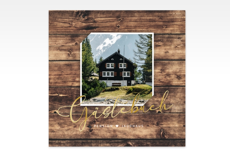 Gästebuch Creation Ferienhaus Jagdhaus 20 x 20 cm, Hardcover braun gold in Holz-Optik mit Foto