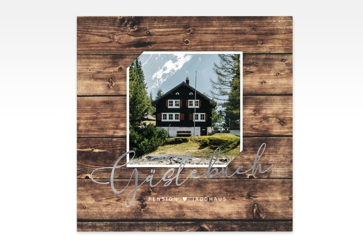 Gästebuch Creation Ferienhaus Jagdhaus 20 x 20 cm, Hardcover braun silber in Holz-Optik mit Foto
