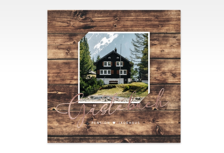 Gästebuch Creation Ferienhaus Jagdhaus 20 x 20 cm, Hardcover braun rosegold in Holz-Optik mit Foto
