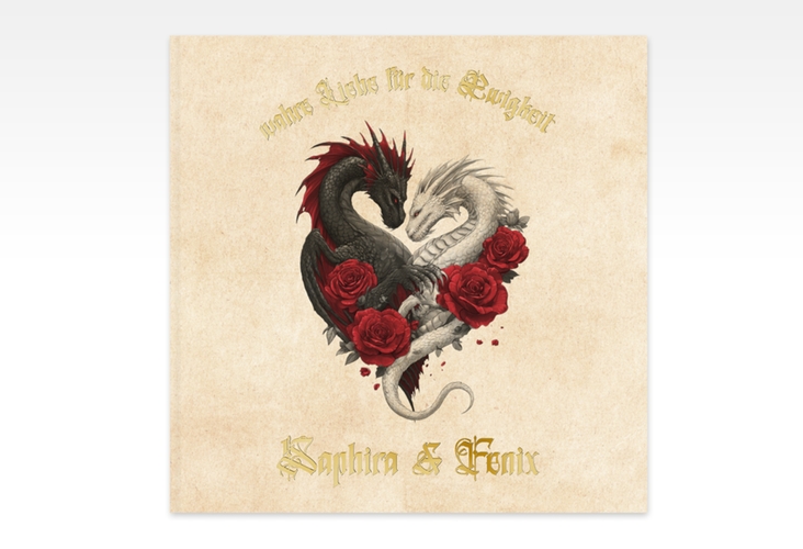 Gästebuch Creation Drachenliebe 20 x 20 cm, Hardcover beige gold mit schwarzem und weißem Drachen zu einem Herz verschlungen