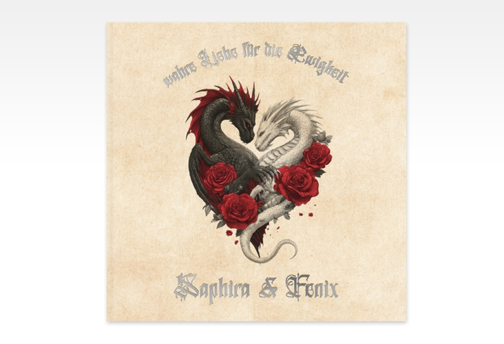 Gästebuch Creation Drachenliebe 20 x 20 cm, Hardcover beige silber mit schwarzem und weißem Drachen zu einem Herz verschlungen