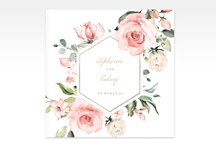 Gästebuch Creation Graceful 20 x 20 cm, Hardcover weiss rosegold mit Rosenblüten in Rosa und Weiß