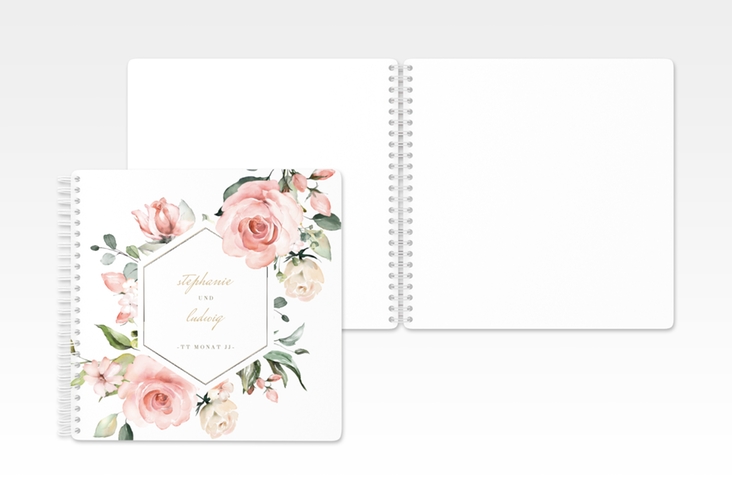 Gästebuch Hochzeit Graceful Ringbindung weiss silber mit Rosenblüten in Rosa und Weiß
