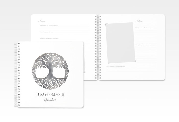 Gästebuch Hochzeit Lebensbaum Ringbindung weiss silber im Stil der Kelten und Wikinger